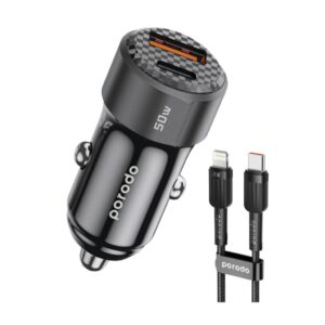 Porodo 50W Dual Port Car Charger PD 20W QC 30W with C to L Cable - Black