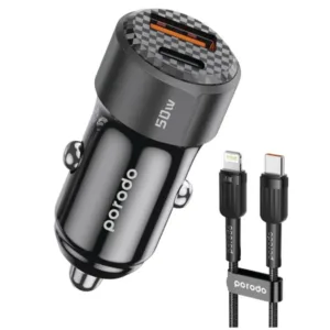 Porodo 50W Dual Port Car Charger PD 20W QC 30W with C to L Cable - Black