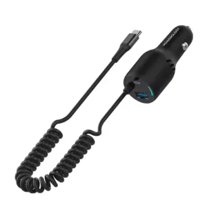 Powerology PD45W+QC18W+Type CCable 35W LEDDual Ports Car Charger With Coiled Cable -Black