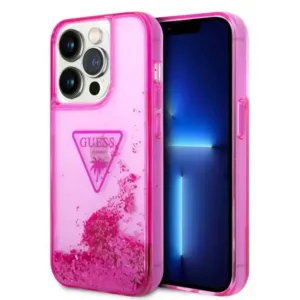 Guess Liquid Glitter Case with Triangle  Translucent Logo for iPhone 15 Pro Max-Fuschia
