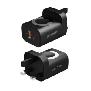 Porodo Wall Charger USB-A and USB-C Dual Port with Apple Watch Charger PD 20W- Black