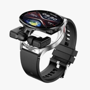 Porodo Pulse Smart Watch Silver dial with Earbuds and Brown Leather Band - Silver