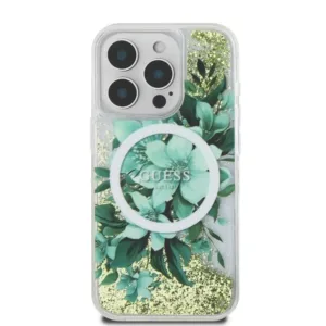 Guess Magsafe Liquid Glitter Hard Case With Flower Design For iPhone 16 Pro - Green