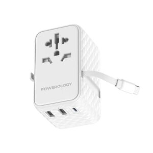 Powerology Universal Adapter  PD 20W Type C port and 2XUSB A 15W port with Attached - White