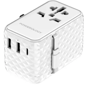 Powerology Universal Adapter  PD 20W Type C port and 2XUSB A 15W port with Attached - White
