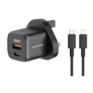 Porodo PD 20W USB QC3.0 UK Fast Charger with C to L Cable - Black