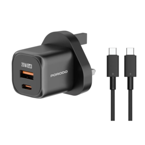 Porodo PD 20W USB QC3.0 UK Fast Charger with C to C Cable - Black