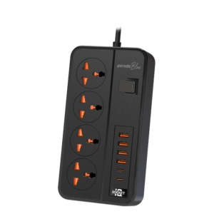 Porodo Blue 4 AC Power Socket With X4 USB-C X2 USB-A Port UK (3m wire) - Black