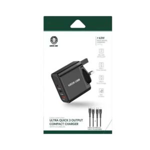 Green Ultra Quick 3 Output Compact Charger with Type-C to Type-C and Type-C to Lightnin