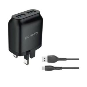 Porodo Dual USB Wall Charger 2.4A with Improved Version PVC Type-C Cable 1.2m - Blac