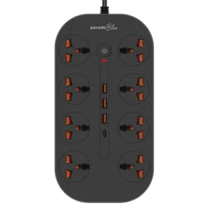 Porodo Blue 8 AC Power Socket With  X1 USB-C X3 USB-A Port UK (3m wire) - Black