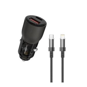 Porodo 96W Transparent USB-A+C Port Car Charger with C to L .9m Cable - Grey