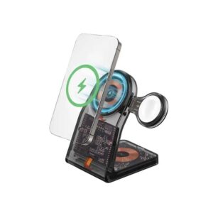 Porodo 15W All-in-One Transparent Glass Lenses Multifunctional Magnetic Wireless Charging Stand - Black