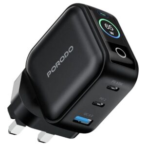 Porodo Nexora 65W 3-Port Wall Charger With LCD Display- Black
