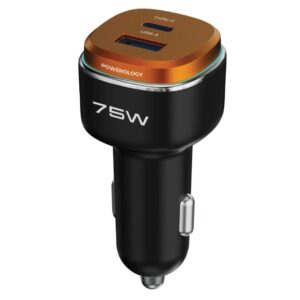 Powerology 75W USB A+C Port Car Charger With C to C Cable - Black/Orange
