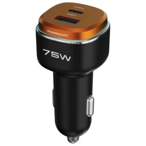 Powerology 75W USB A+C Port Car Charger With C to L MFi Cable - Black/Orange