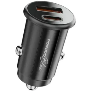 Porodo Blue 15W USB-A+C Port Car Charger with C to L .9m Cable - Black