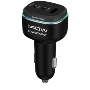Powerology 140W 1*USB-A 2*USB-C Port Car Charger with C to C Cable - Black/Grey