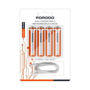 Porodo AAA (4 Pcs) Rechargeable Lithium Battery 800mwh With 4in1 Type C Charging Cable