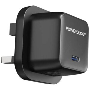 Powerology 45W Single Port Type C UK GaN Adapter With C to C cable - Black/Grey