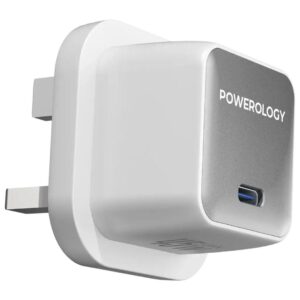 Powerology 45W Single Port Type C UK GaN Adapter With C to C cable - White/Silver