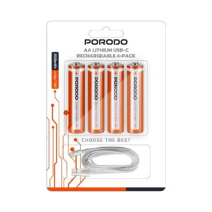 Porodo AA (4 Pcs) Rechargeable Lithium Battery 2500mwh With 4in1 Type C Charging Cable