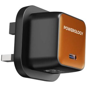 Powerology 45W Single Port C UK GaN Adapter With C-C cable - Black/Titanium Orange