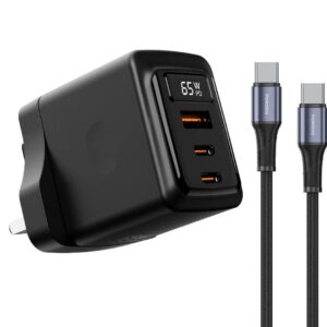 Porodo GaN 65W Multi-Port Wall Charger Real-Time Power Display - Black