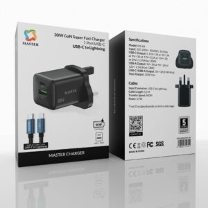 Master  30W CAHRGER TYPE A + TYPE C WITH CABLE TYPE C TO LIGHTNING 27W- BLACK