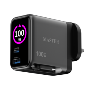 Master Charger TFT-100W GaN, Dual USB-C + USB-A | Cable Built-in-Grey