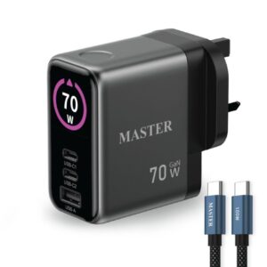 Master Charger 70W GaN Fast Charger 3 Ports with 100W Type-C to Type-C Cable – Gray