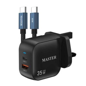 Master 35W CHARGER 2 PORT TYPE C & USB-A  BLACK WITH CABLE TYPE C TO TYPE C 60W - BLACK