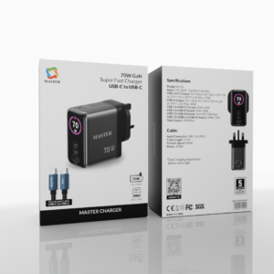 Master Charger 70W GaN Fast Charger 3 Ports with 100W Type-C to Type-C Cable – Gray