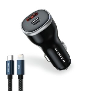 Master 78W 3-Port Car Charger USB-C PD30W PPS33W + USB-A QC45W + Lightning PD Fast Charging - Black
