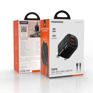 "Porodo Tekto 12W Dual USB Fully 2.4A  Adaptor With USB-A TO C Cable 1M  - Black