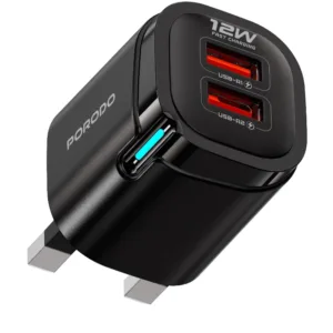 "Porodo Tekto 12W Dual USB Fully 2.4A  Adaptor With USB-A TO C Cable 1M  - Black