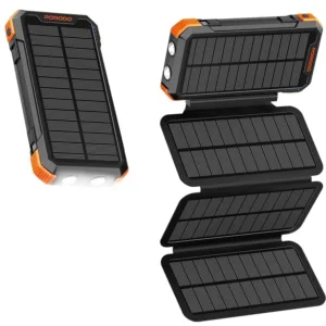 Porodo 20000mAh Solar Power Bank with 3 Detachable Panels & Torch Light - Black