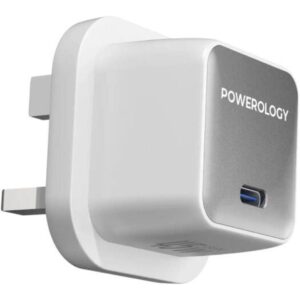 Powerology QX 45W Single Port Type C UK GaN Adapter - White/Silver