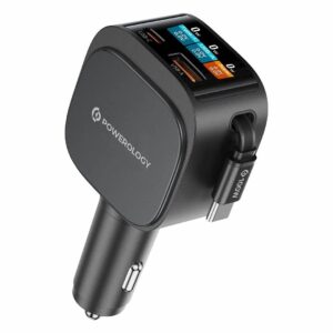Powerology Car Charger with Car with PD 65W Retractable Cable PD65W TFT Display - Black